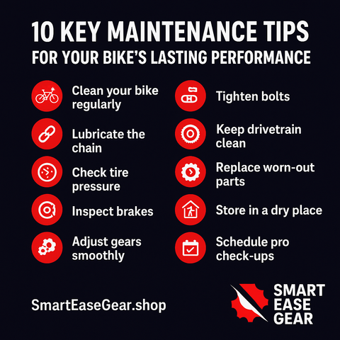 🚴✨ Make Every Ride Smooth & Safe!
Your bike isn’t just transport—it’s freedom, adventure, and fitness in one. But without proper care, even the best bike won’t last long.

Here are 10 Key Maintenance Tips every rider should know:
🔧 Clean your bike regularly
🔧 Lubricate the chain
🔧 Check tire pressure
🔧 Inspect brakes often
🔧 Adjust gears for smooth shifting
🔧 Tighten loose bolts
🔧 Keep drivetrain clean
🔧 Replace worn-out parts early
🔧 Store your bike in a dry place
🔧 Schedule professional check-ups

💡 Follow these simple steps and you’ll enjoy a safer, faster, and longer-lasting ride every time.

👉 Save this post & share it with your biking buddies!

#BikeMaintenance #CyclingTips #SmartEaseGear #BikeCare #RideSmart