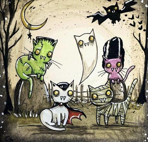 Frankenstein cat and friends art by Terry Runyan