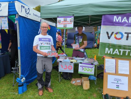 2 Make Votes Matter activists at our stall at Reading Pride.  You can see the 5 different colour plates representing the most successful political parties at our last general election.  We use these for our "chocolate challenge".  Each plate has the percentage of the vote that each party got.  You need to distibute 20 chocolates between the plates to best show the proportions of how many seats the parties ended up getting in parliament off the back of those votes.  Unsurprisingly, the results differ significantly from what is written on the plates.