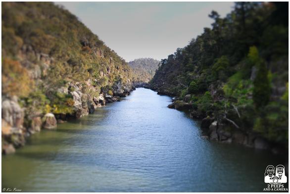 View down Cataract Gorge in Launceston, Tasmania, showing a tranquil river flanked by steep, rocky hills covered in dense greenery.

The water reflects the surrounding foliage, and the scene is framed by lush vegetation and rugged terrain, evoking a sense of peaceful isolation and natural beauty.