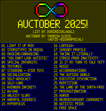 1: Light It Up Red!
2: Stereotypes In Media
3: Masking/Unmasking
4: "You don't look autistic"
5: Special Interests
6: Textures
7: Stimming + Stim Toys
8: Socialization
9: Self-Advocacy
10: Self-Care
11: Rainbow Infinity
12: Au-DHD
13: Ableist Slurs
14: Harmful Eugenics
15: Hyperfocus
16: LGBTQIA+
17: Sensory Profile
18: Taking It Literally
19: Stress From Inactivity
20: Is It My Turn To Talk Yet?
21: Music
22: Accommodations!
23: The Outside World
24: Executive Dysfunction
25: Repetition
26: The Land Of The Sorta-Free
27: Procrastination
28: Aurem
29: Neurodivergent Community
30: Autistic Pride
31: FREE SPACE