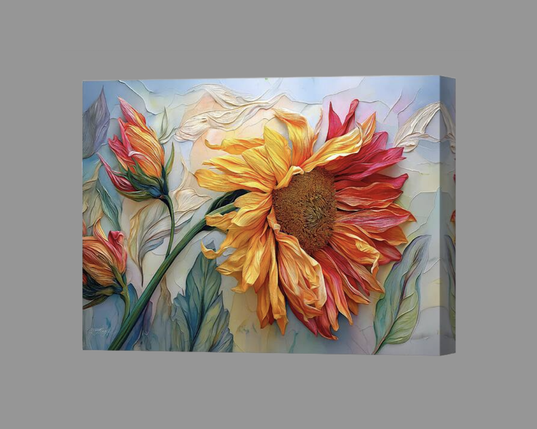 
Textured digital painting of a sunflower in full bloom with curled petals, rich gold and burnt sienna tones, and a lush earthy background.