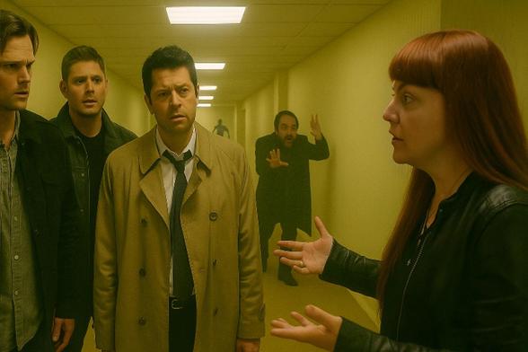 I am trying to explain to Sam, Dean and Castiel from Supernatural the situation and what is probably going to happen in this Level. They stare at me, totally clueless, especially Castiel, not having any idea what is happening. Entities inhabiting this level are approaching from the background. Crowley, who also arrived  with the others, is trying to inform us about the approaching entities with wild gestures, eagerly trying to gain our attention.
