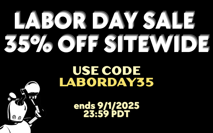 Black background promotional banner. Large white bold text at the top reads: “LABOR DAY SALE 35% OFF SITEWIDE.” Below, smaller yellow text reads: “USE CODE LABORDAY35.” Further down in white text: “ends 9/1/2025 23:59 PDT.” In the bottom left corner, there is the classic No Starch Press coffee robot. 