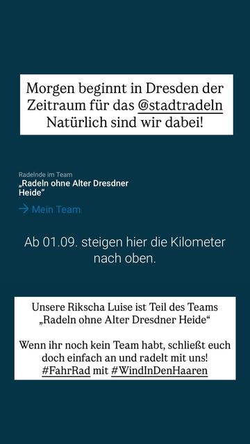 Aufruf, sich unserem Team „RadelnOhneAlter #DresdnerHeide anzuschließen.