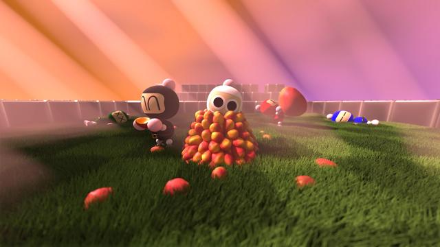 White Bomber stuck in a pile of mangoes. Black happily eating one; Red carrying a giant one; Blue off sleeping; and Green dead on the side.