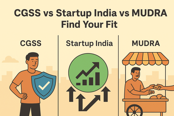 Infographic-style illustration comparing CGSS, Startup India, and MUDRA schemes with a startup founder holding a shield, a networking hub of entrepreneurs, and a micro-entrepreneur receiving a loan.