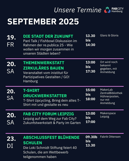 Übersicht September Termine für Fab City Hamburg