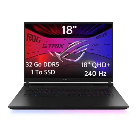 PC portable gaming ASUS ROG STRIX G18 2025 avec processeur Intel Core i7-14650HX, carte graphique RTX 5060, 32 Go DDR5 et écran 18 pouces WUXGA 144 Hz, design RGB futuriste.