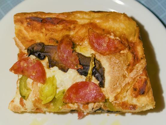 Focaccia pizza from the top-down.