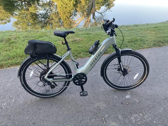 An Aventon Level 3 ebike near a pond in a cemetery.