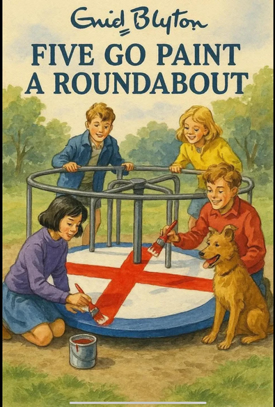 "Enid Blyton"
"FIVE GO PAINT A ROUNDABOUT"

Satirical and human created book cover for an Enid Blyton story in which the Famous Five paint a playground roundabout with the symbol of a Palestinian Saint, a man of Action it was said. 