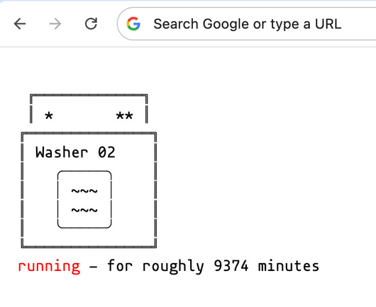 a screenshot from a webpage. Ascii art of a washing machine with some little waves in the center indicating it's running. It's labeled "Washer 02". Underneath, it says "running - for roughly 9374 minutes"
