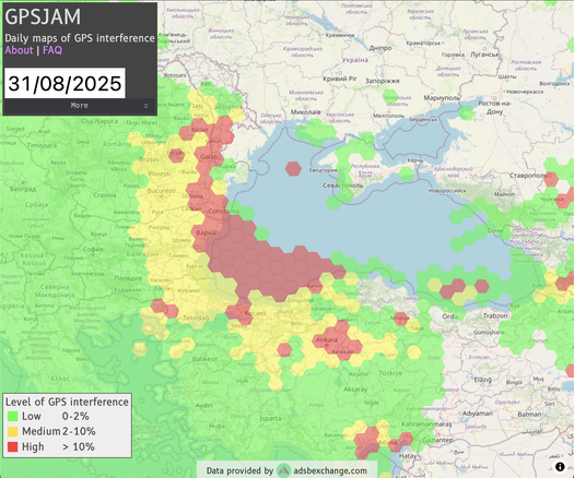 Screenshot of gpsjam.org showing the Black Sea area on 2025-09-01