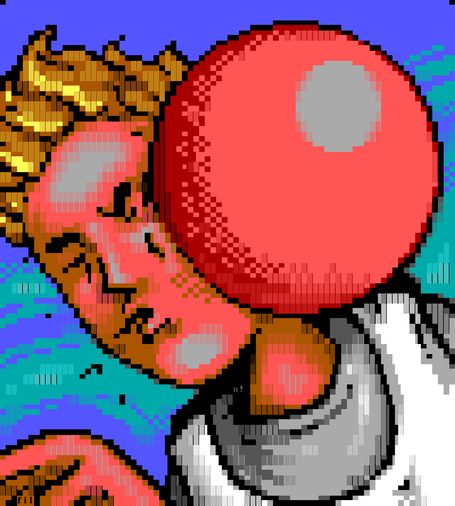 ANSI textmode art depicting a boy being hit on the face by a ball