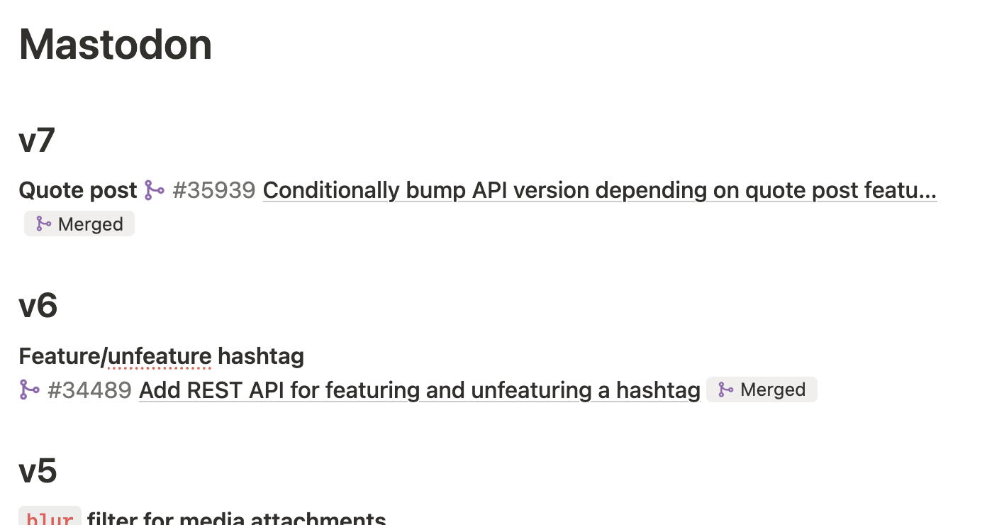Screenshot of API Versions changelog for Mastodon, listing updates and features for versions v7, v6, and v5, including merged API changes and new functionalities.