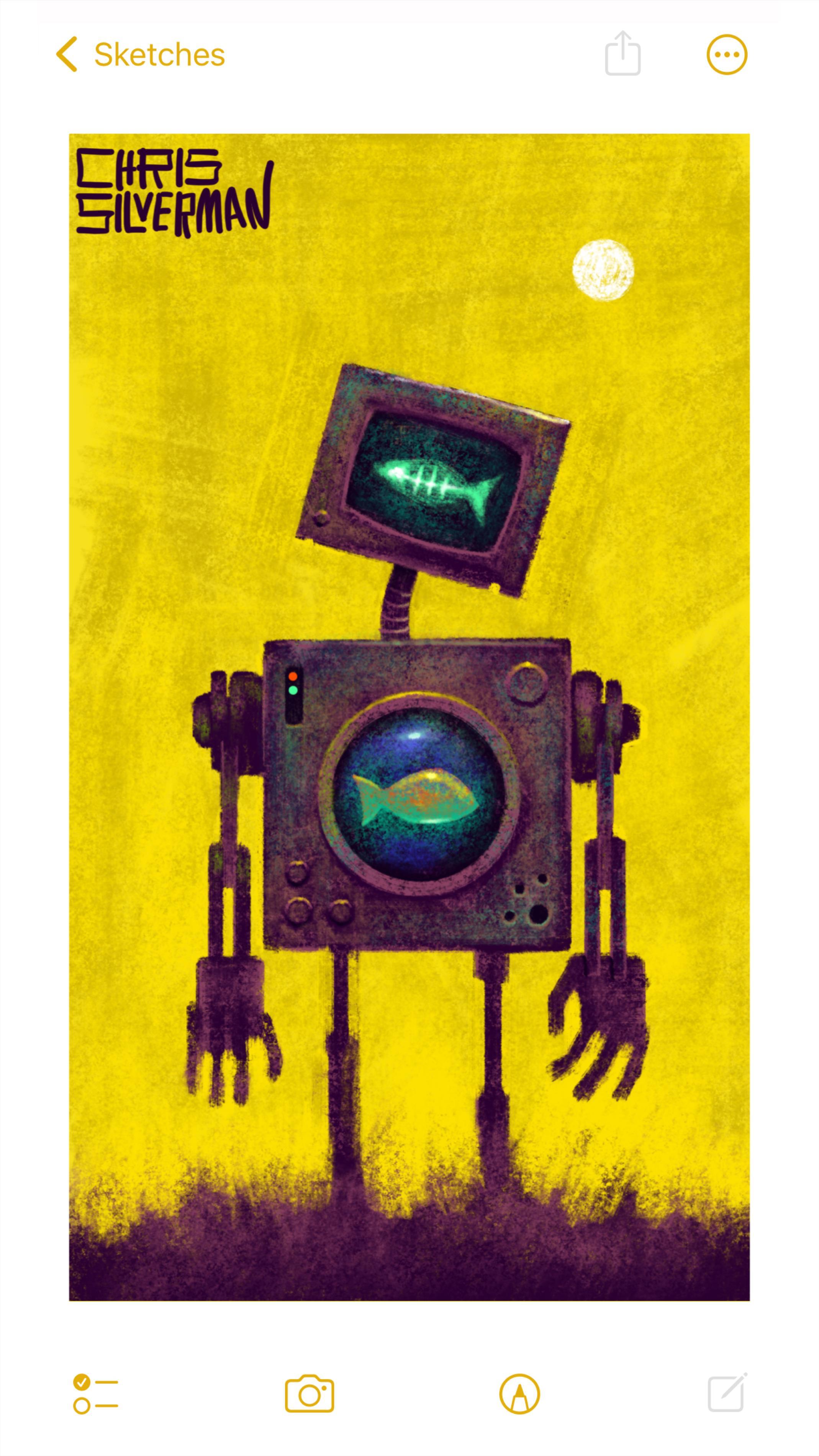A boxy, dull purplish robot stands in dark purple grass against a bright yellow sky. In the top right of the sky is a white sun. The robot's body has a rusty, slightly iridescent texture. In the center is a circular porthole window, through which is visible a goldfish. The goldfish, lit from below with a greenish light, looks translucent. The porthole is surrounded by bolts and rusty holes. The robot's head has a television screen on it, which is displaying a green x-ray image of a goldfish, its skeleton visible. The robot has two long, mechanical arms. The painting is signed "Chris Silverman".