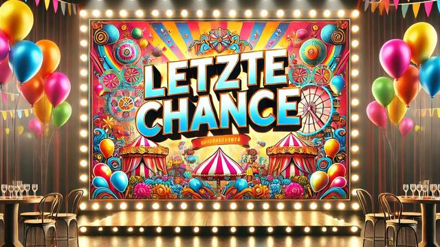 Das Bild zeigt eine bunte Jahrmarkt-Szene mit der großen Aufschrift „LETZTE CHANCE“ in leuchtenden Buchstaben. Im Hintergrund sind Riesenrad, Karussells und farbenfrohe Dekorationen wie Luftballons und bunte Lichter zu sehen. Der Rahmen des Plakats ist mit Glühbirnen beleuchtet. Im Vordergrund stehen Tische mit Gläsern und Stühlen, daneben weitere Luftballons. Die Atmosphäre ist festlich und lebendig. (KI-Grafik)