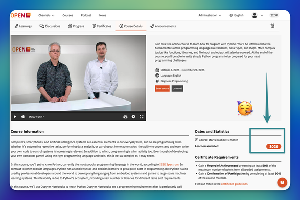 Screenshopt of the overview page of the MOOC showing that currently already more than 1000 participants are enrolled.