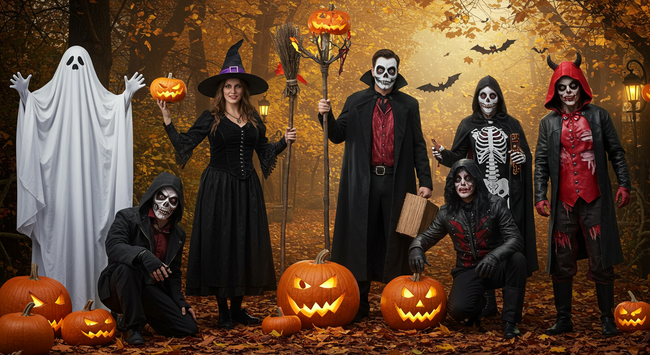 A collection of classic Halloween outfits featuring witches with pointed hats, spooky sheet ghosts, elegant vampires in capes, creepy skeletons with painted bones, and playful pumpkins. Perfect inspiration for timeless Halloween costumes, DIY ideas, kids’ outfits, couple themes, and eco-friendly spooky looks that never go out of style. - Creed Leather