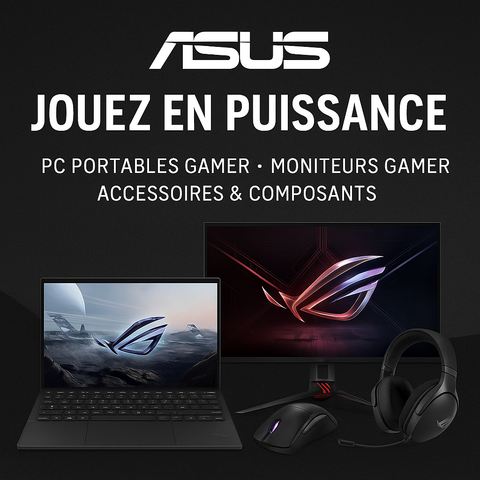 Visuel promotionnel ASUS avec un PC portable gamer, un moniteur gaming ROG, une souris et un casque, ambiance futuriste dédiée au gaming.
