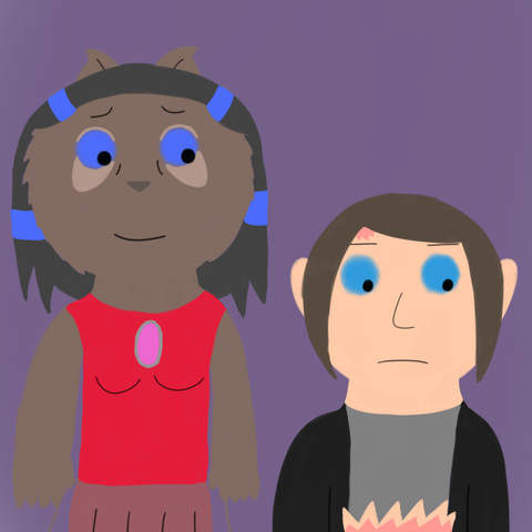 Drawing of Rose looking lovingly at Minna and is smiling and Minna is looking down, not looking at Rose and is having an unsure expression