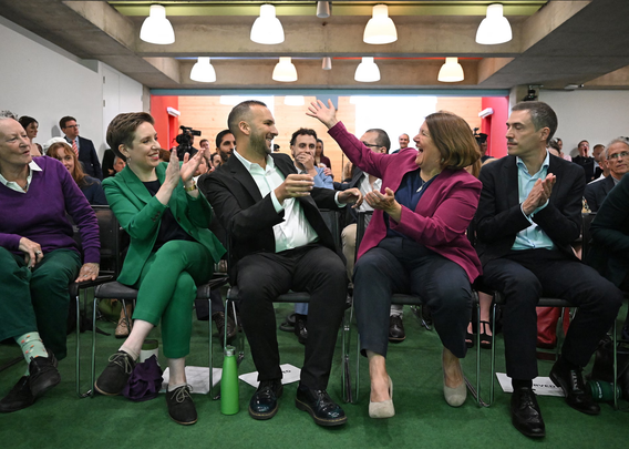 Zack Polanski embracing Ellie Chowns after the leadership election result was announced, with Carla Denyer (left) and Adrian Ramsay (right) looking on. Photograph: Justin Tallis/AFP/Getty Images
