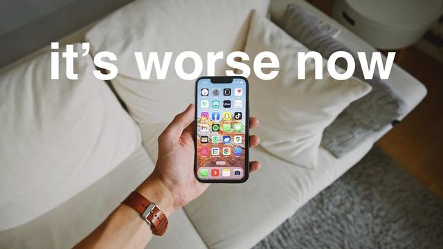 Video thumbnail with text saying "it's worse now" and a hand holding a phone.