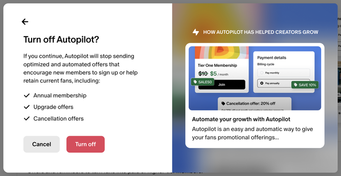 A popup to turn off Autopilot, explaining it will stop sending automated offers like annual membership, upgrade offers, and cancellation offers, with buttons to cancel or turn off. A side panel highlights how Autopilot helps creators grow by automating promotional offers with discounts and membership options.