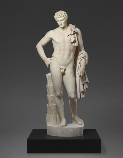 Discovered in 1771 near Rome, this sculpture of the god Hermes is a Roman copy of an earlier Greek work from the fourth century BCE. In ancient times sculptures like this could be found in both public and domestic spaces. After rediscovery, he was displayed at Lansdowne House in London, the home of William Fitzmaurice (1737-1805) who was the British Prime Minister in 1782-83. As the god of travelers, Hermes is shown with a traveler’s cloak draped over his left shoulder and wrapped around his ar…