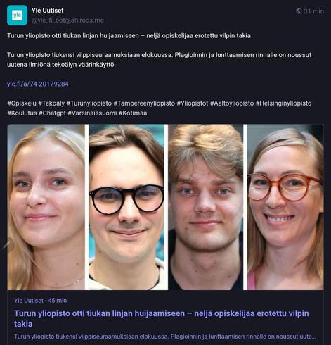 Töötin https://social.ahlroos.me/@yle_fi_bot/115138678179397119 ruutukaappaus. Linkin esikatselukuvassa on neljä nuorta. Kuvan alla teksti "Turun yliopisto otti tiukan linjan huijaamiseen – nelkä opiskelijaa erotettu vilpin takia"