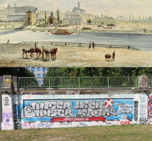 Ansicht des Schanzel in der Nähe der heutigen Salztorbrücke, darunter ein Graffiti: "Unser Wien Unser Kanal"-