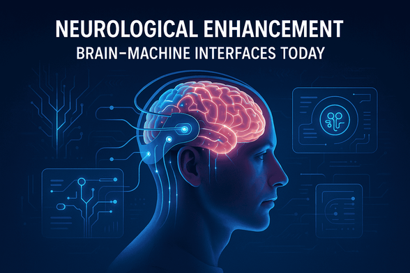 The image depicts a futuristic concept of neurological enhancement through brain-machine interfaces, showcasing a human head with glowing neural pathways connected to technological circuitry and data displays.