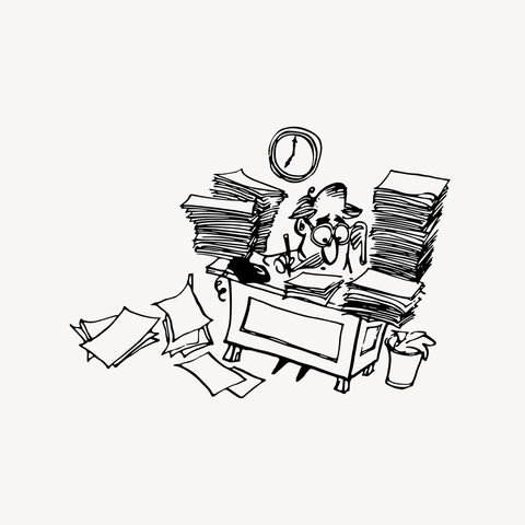 Humorous black and white cartoon of a man at a small desk, flanked by massive piles of paperwork as he stares bewildered at his work. 