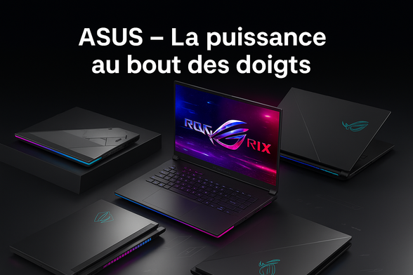 Image promotionnelle ASUS montrant plusieurs PC portables ROG avec claviers RGB et design futuriste, ambiance gaming sombre et élégante.