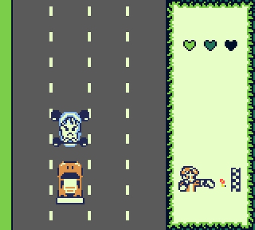 Gameplay of Maki Makulo for Game Boy shows Maki driving his car and avoiding ice enemies.