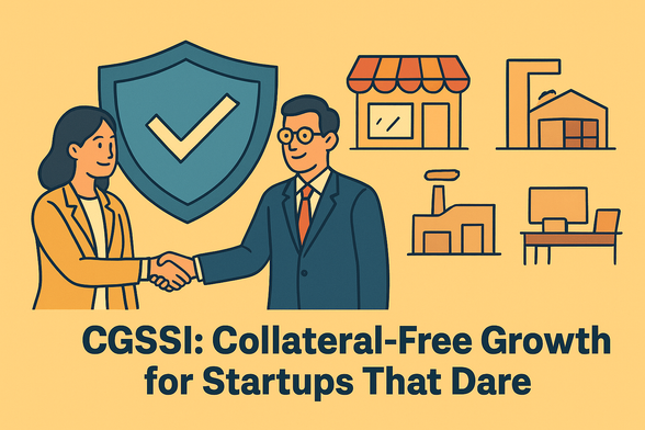 Flat-style illustration of a woman founder and a young entrepreneur shaking hands with a banker, with a protective shield behind them symbolizing collateral-free support.
