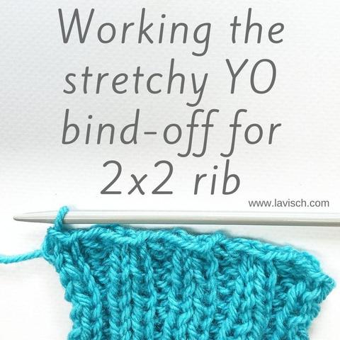 A swatch in 2x2 rib worked in blue yarn on a knitting needle, it's mostly bound off.
