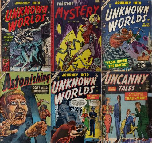 Top left: Atlas, Journey Into Unknown Worlds No. 24 includes "The Mummy Lives", "The Specimen", & "The Voice from Venus." A mummy attacks a woman as her male companion peers at a burst open crypt.
Top Center: Mr. Publications' Mister Mystery Dec.–Jan. '52. Eerie Tales of Horror and Suspense. An explorer clings to a rope, dangling above a giant, hungry praying mantis. Cover art by Andru & Esposito.
Top Right: Journey into Unknown Worlds No. 25, Mar. A dirt creature attacks a man with a pick-axe near a grave with wooden marker and skull resting on a pile of stones.
Bottom left: Atlas Comics' Astonishing No. 34. Don't miss "Transformation!" A close-up of a panicked man's face in a guillotine. A black-hooded executioner is about to cut the rope to release the blade.
Bottom center: Journey into Unknown Worlds No. 31, Oct. "The Strange Man." A statue of a man with curly hair in a suit and bow-tie has a shocked look on its face. A hunchback chisels a slab in the foreground. In the background a woman speaks with security, "Guard! I'm looking for my husband! He's five feet eleven, medium build, blond curly hair, and he's wearing a bow-tie!" He replies, "Sorry lady! The only one here is that sculptor over there!"
Bottom right: Atlas Comics' Uncanny Tales No. 22, July. A most uncanny fate befalls the "Half-Man!" A woman talks with a smiling man. He is split in half from head to toe. His other half is seated nearby, offering a cigarette to a shocked and horrified man.