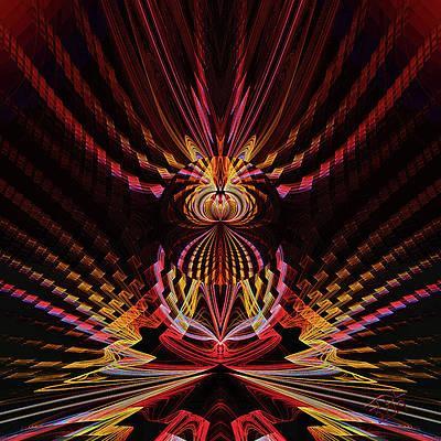 A serene fractal cat meditates, with closed eyes, in the midst of  jagged edged chaos in pink, yellow, and red. 