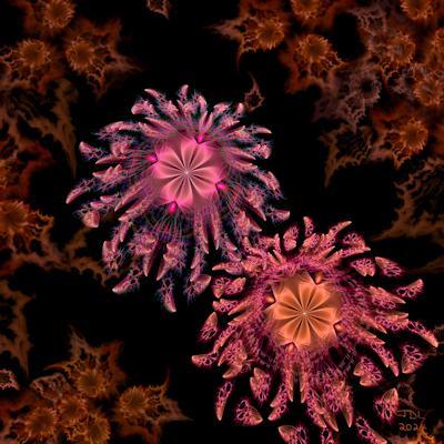 Two fantasy flowers, one with a center of pink and the other with a center of gold. They have drooping petals in pink, turquoise, and gold, which coordinate with their centers. There is golden foliage in the background.