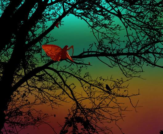 A faerie, whose wings and hair are the color of copper, plays a harp on a branch of a tree. The evening is ablaze in the colors of a brilliant sunset. Four birds, silhouetted against the sky, have gathered to listen.
