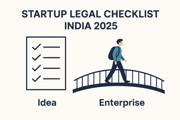  Minimal flat-style digital illustration showing a checklist on the left side labeled “Idea” and a young founder walking across a bridge toward the right side labeled “Enterprise.” Title text above reads: “Startup Legal Checklist India 2025.”