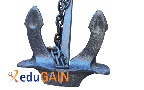 Das Bild zeigt einen schweren Schiffsanker mit Kette aus dunkelgrauem Metall mit dem Logo von eduGAIN.
