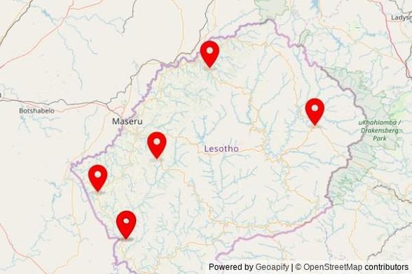 A map showing every place of worship we have visited so far in Lesotho including:
St James in Ha Koeneho Luma
Lesotho Evangelical Church in Mafeteng
Holy Trinity Mission in Ha Lesiamo
Anglican church in Mohale's Hoek
St John Tlali mission in Ha Tlali
St. Patric's Catholic Mission in Mohale's Hoek
Mohale's Hoek Lecsa Church in Mohale's Hoek