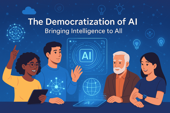 A digital illustration showcases a group of diverse individuals gathered around a table, interacting with projected images representing the democratization of AI.