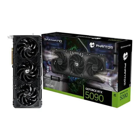 Carte graphique Gainward GeForce RTX 5090 Phantom 32 Go GDDR7, triple ventilateur, refroidissement performant, style sobre et gaming.