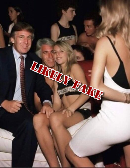 A likely fake, but not unimaginable photo of Trump & Epstein sitting in a room with a swim team, a clearly underaged girl wearing a swimsuit sitting on Epstein's lap. Trump next to them with his hand on her thigh.