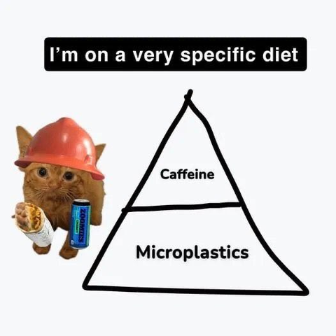 A humorous meme featuring a cat wearing a red construction helmet, holding a burrito in one paw and an energy drink in the other. To the right of the cat is a hand-drawn food pyramid with two labeled sections: "Caffeine" at the top and "Microplastics" at the bottom. Above the pyramid, a caption reads, "I'm on a very specific diet."