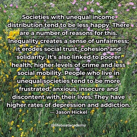 A social post from @lifeboatacademy which says: “Societies with unequal income distribution tend to be less happy. There are a number of reasons for this. Inequality creates a sense of unfairness; it erodes social trust, cohesion and solidarity. It’s also linked to poorer health, higher levels of crime and less social mobility. People who live in unequal societies tend to be more frustrated, anxious, insecure and discontent with their lives. They have higher rates of depression and addiction.” — Jason Hickel